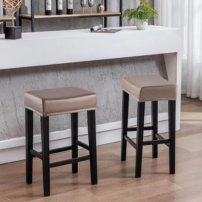 YISUN Stool Covers Rectangle - 2 Pack Stretch Waterproof Saddle Seat Cover Counter Bar Stools Bar Chairs Covers Kitchen Island Chairs Cushion Protector (2, Pu Leather-Chocolate)