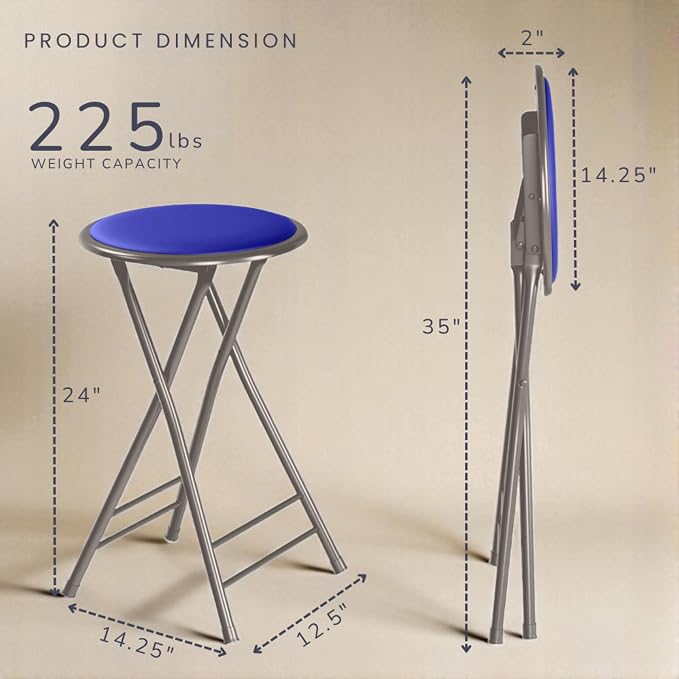 Lavish Home Folding Stool - Set of 4 Counter Height Bar Stools – 24-Inch Backless Folding Chairs with 225lb Capacity for Kitchen, Rec Room, or Game Room (Blue)