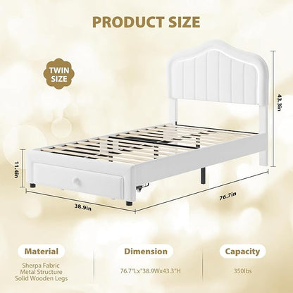 GarveeHome Twin Upholstered Bed Frame with Storage Drawer and Smart Led Headboard, Twin Size Platform Bed Frames for Kids, Wooden Slats Support, No Box Spring Needed, Easy Assembly, White