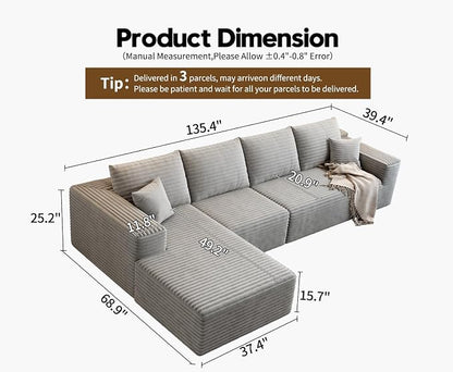 135.4" Cloud Modular Sectional Sofa Couch with L-Shape Chaise,Modern Minimalist Upholstered Couches for Living Room Bedroom,Deep Seat Corner Couch，No Assembly Required (Grey,Left Facing Chaise)