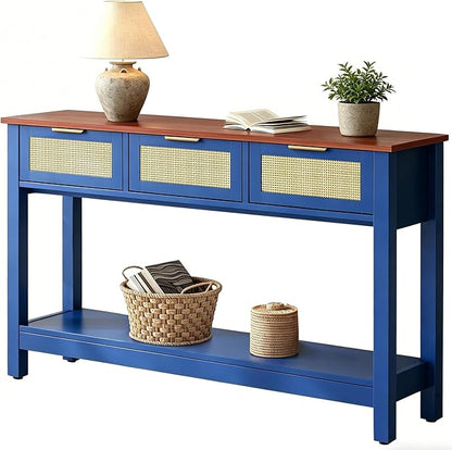 Luoxiao 47" Blue Entryway Table with 3 Rattan Drawers & Open Shelf Storage | Narrow Console Sofa Tables for Living Room, Entry Table for Hallway, Foyer, Couch, Easy Assembly, Anti-tip Kit, Space Saving