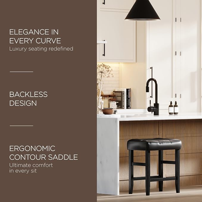 Carte: A La Carte Home Harper 26 Inch Tall Counter Height Backless Stool in Rustic Black Finish, Distressed Black Vegan Leather Upholstered Seat, Set of 2