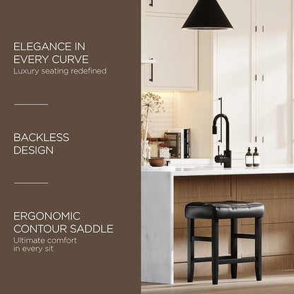 Carte: A La Carte Home Harper 26 Inch Tall Counter Height Backless Stool in Rustic Black Finish, Distressed Black Vegan Leather Upholstered Seat, Set of 2