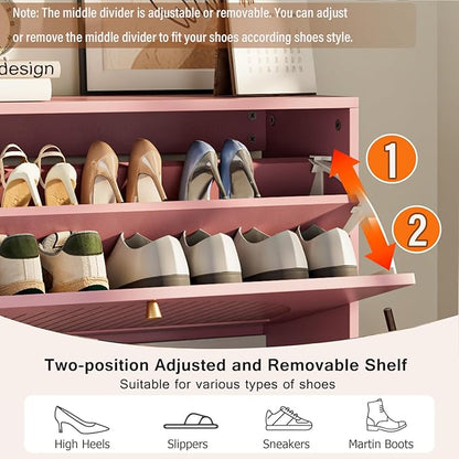 Fsbecl Shoe Storage Cabinet for Entryway with 2 Flip Drawers, Narrow Wood Shoe Cabinet with Fluted Panel, Freestanding Hidden Shoe Organizer for Foyer, Hallway (Pink - with Shelf)