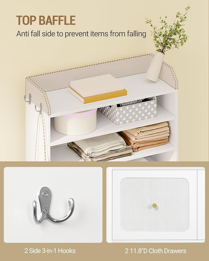 Hzuaneri Shoe Storage Cabinet, 10 Tiers Shoe Cabinet with 2 Cloth Drawers, Wooden Freestanding Shoes Organizer with 2 Hooks, 40-45 Pairs, Shoes Cubby Organizer for Entryway, White SR52903MI