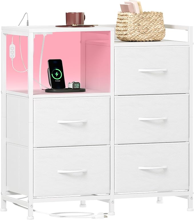 Somdot White Nightstand with Charging Station and LED Light, Wide 5 Drawers Dresser for Bedroom with Fabric Bins and Open Shelf for Bedroom Kids Closet Dorm Guest Room, White Leather