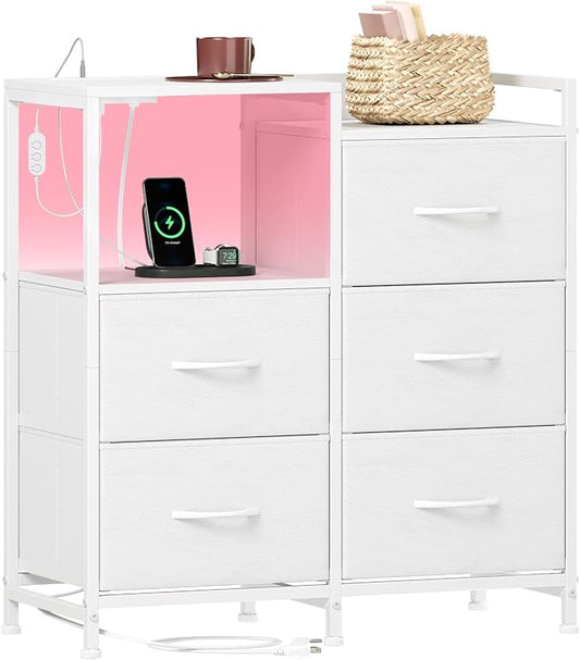 Somdot White Nightstand with Charging Station and LED Light, Wide 5 Drawers Dresser for Bedroom with Fabric Bins and Open Shelf for Bedroom Kids Closet Dorm Guest Room, White Leather