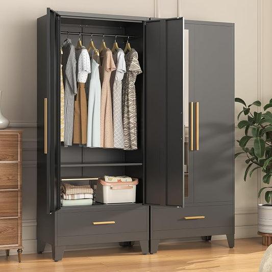 72" Tall Metal Wardrobe Closet - Large Clothing Storage Cabinet with 1 Hanging Rod, 1 Adjustable Shelve, 1 Drawer & Mirror Doors - Closet Organizer for Bedroom, Office, Laundry Room, Garage - Black