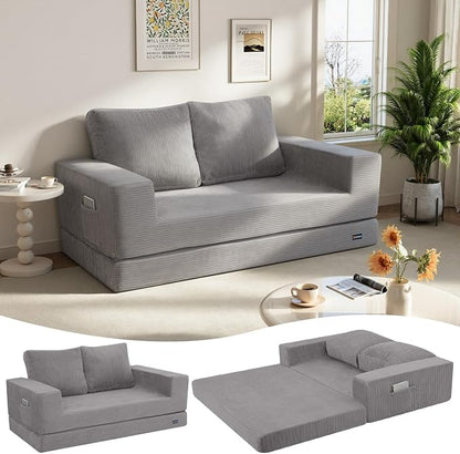COMAX Futon Sofa Bed, Convertible Sofa Bed, Folding Boneless Couches | Boneless Couch for living room, 4‑in‑1 Fold Out Small Foldable Loveseat Floor Sleeper Mattress Lounge Space‑Saving, Grey