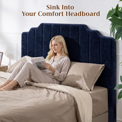 Twin Headboard Only - Blue Velvet Upholstered Headboard for Bed, No Assembly Required, Pure Sponge Design, Comfort Head Board, Place Between Bed & Wall, Vertical Stripe with Stepped Crown Top Edge