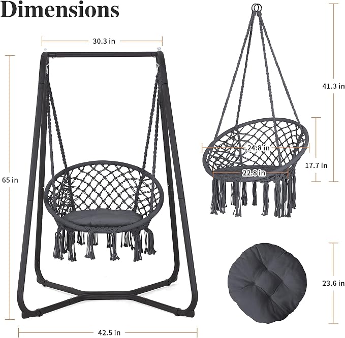 SUNCREAT Hammock Chair with Stand Included, Heavy Duty Hanging Chair with Stand, 330 lbs Capacity, Patent Pending, Grey