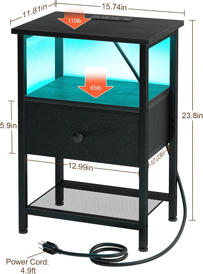 LOAKEKEL LED Night Stand with Charging Station, Small Bedside Table with USB Ports & Outlets, Fabric Storage Drawer with PU Finish for Bedroom, Black, HETS01BK-1