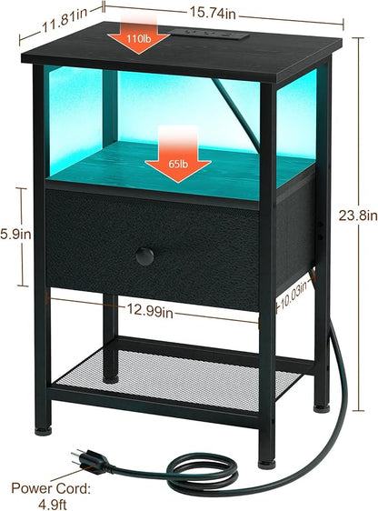 LOAKEKEL LED Night Stand with Charging Station, Small Bedside Table with USB Ports & Outlets, Fabric Storage Drawer with PU Finish for Bedroom, Black, HETS01BK-1