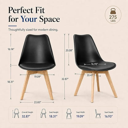 Dining Chairs Set of 8, Modern Upholstered Dining Room Chairs with PU Leather Padded Seat, Armless Kitchen Chairs with Curved Backrest and Solid Wood Legs for Dining Room, Kitchen, Apartment, Black