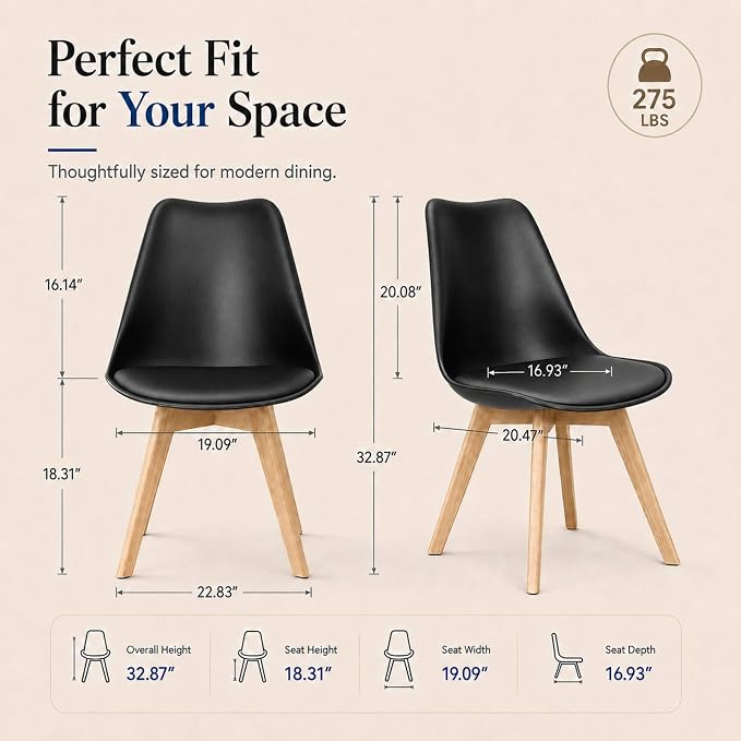 Dining Chairs Set of 4, Modern Upholstered Dining Room Chairs with PU Leather Padded Seat, Armless Kitchen Chairs with Curved Backrest and Solid Wood Legs for Dining Room, Kitchen, Apartment, Black