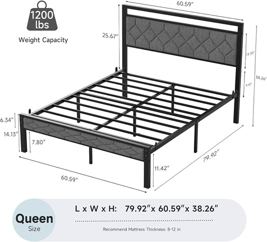 Z-hom Easy Assembly Upholstered Platform Bed Frame with Soft Padded Headboard, Modern Linen Fabric Mattress Foundation, No Box Spring Needed, Noise-Free & Sturdy Metal Support, Queen Size (Grey)