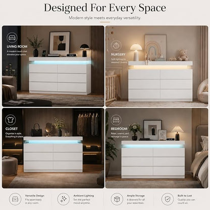 6 Drawer Dresser with LED Lights & Charging Station, Modern Floating White Dresser for Bedroom, Smart Storage Chest with 2 AC Outlets & USB Ports for Living Room, Closet, Entryway