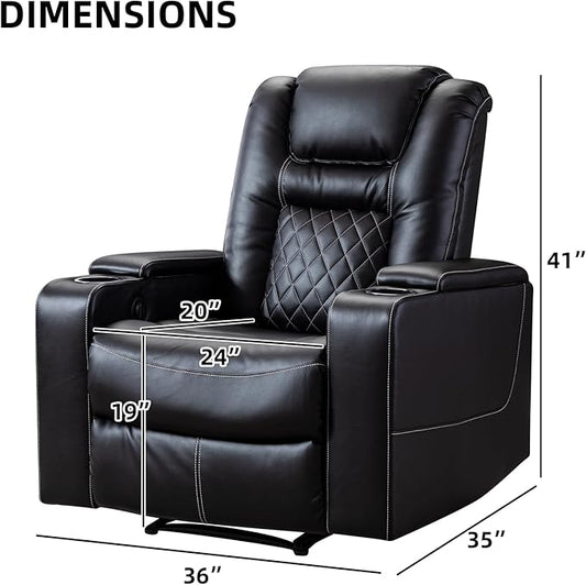 CANMOV Electric Power Recliner Chair with USB Ports and Cup Holders, Breathable Leather Home Theater Seating with Hidden Arm Storage (Black)