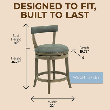 ROME + OAK Ruxban 26" Counter Stool, Low Back Swivel Barstools | Ruxban, 26 In. Seat Height, Vegan Leather Seat, Wood Counter Stool, Modern Counter Stool