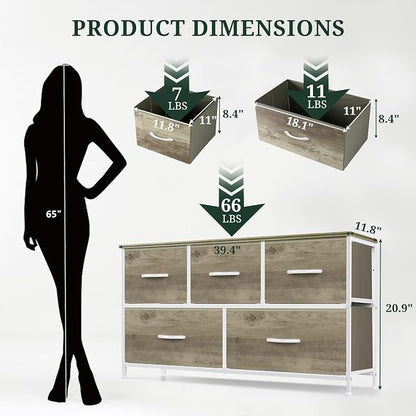 5-Drawer Dresser for Bedroom, Anti-Tip Wide Storage Organizer Fabric Chest of Drawers TV Stand for 45" TV with Wooden Top and Metal Frame for Closet, Living Room, Hallway, Entryway, Greige Oak