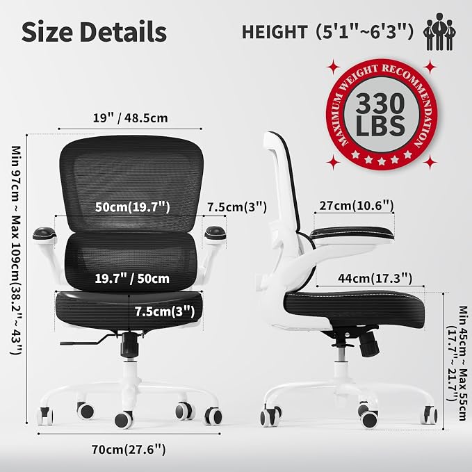 TRALT Ergonomic Office Chair - Desk Chair with Adjustable Lumbar Support Computer Chair - Mesh Comfy Chair with Flip-up Armrests - Gaming Chairs for Adults Home Office (PU Leather, Black White)