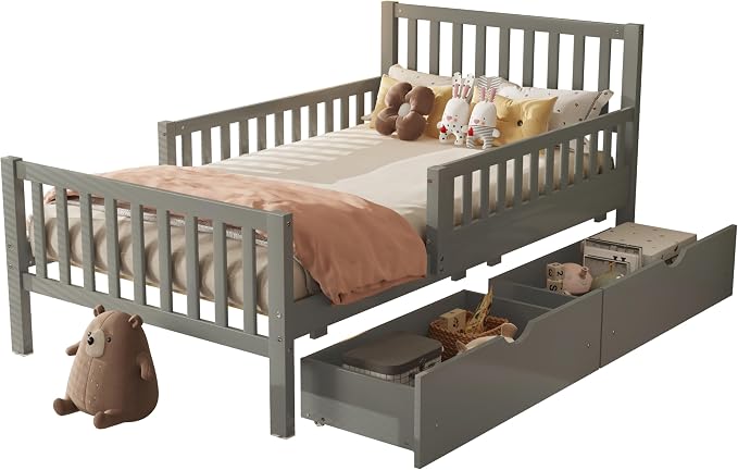 Bellemave Kids Twin Bed Frame with Fences and 2 Drawers, Twin Size Wooden Platform Bed with Guardrails on Both Sides for Boys Girls, Grey