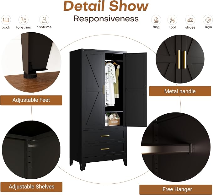 Steel Armoire Wardrobe Closet with 2 Drawers, 71" Metal Wardrobe Cabinet with Adjustable Shelves and Hanging Rod for Bedroom, Black Metal Clothing Storage Cabinets with 2 Doors