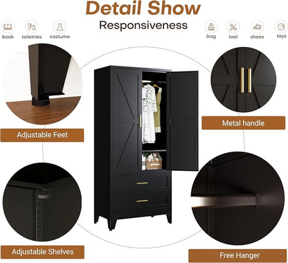 Steel Armoire Wardrobe Closet with 2 Drawers, 71" Metal Wardrobe Cabinet with Adjustable Shelves and Hanging Rod for Bedroom, Black Metal Clothing Storage Cabinets with 2 Doors