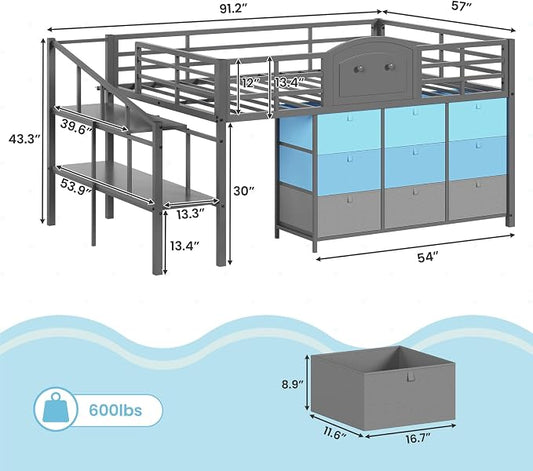 VIAGDO Low Loft Bed Full Size with 9 Storage Drawers and LED Lights, Metal Full Size Loft Bed with Stairway Shelf Storage, Low Loft Bed with Safety Guardrail and Under-Bed Hideaway for Kids, Grey