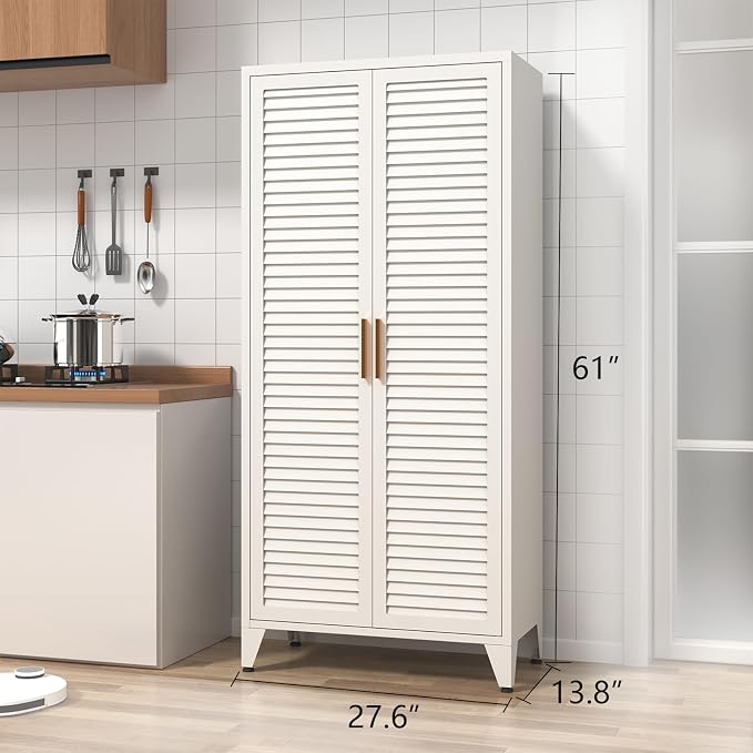 61" Tall White Kitchen Pantry Cabinet, Farmhouse Metal Pantry Storage Cabinets, with 2 Louvered Door and 3 Adjustable Shelves, Multipurpose Storage Organizer, for Home, Entryway, Kids Room