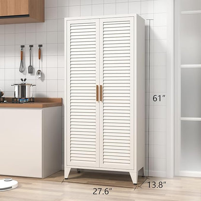 61" Tall White Kitchen Pantry Cabinet, Farmhouse Metal Pantry Storage Cabinets, with 2 Louvered Door and 3 Adjustable Shelves, Multipurpose Storage Organizer, for Home, Entryway, Kids Room
