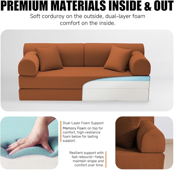 78.8" Memory Foam Boneless Couch, Corduroy Floor Sofa Bed, Convertible Sleeper Futon Loveseat, Wide Armrests & Back Support, Supports Up to 1200 lbs, Couch in a Box with 2 Pillows, Orange