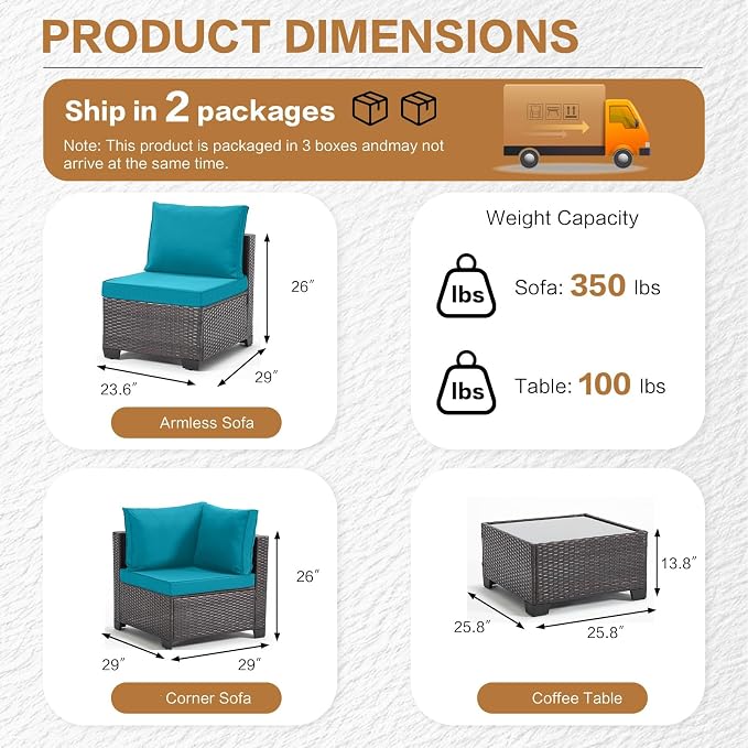 MOCHITO 7 Pieces Outdoor Patio Furniture Sets, All-Weather Sectional Sofa Dark Brown PE Rattan Wicker Conversation Set with Glass Table and Washable Turkish Cushions for Backyard,Sunroom,Garden,Porch