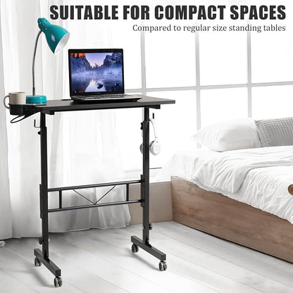 SIDUCAL Standing Desk Adjustable Height, Small Mobile Table with Wheels, Rolling Desk for Standing or Sitting, Portable Computer Desk for Walking Pad, Black