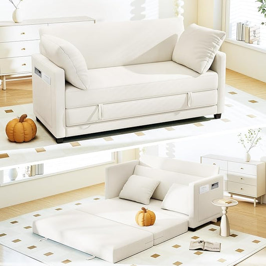 Myroyalsit 65" Convertible Loveseat Sofa Bed, 2-in-1 Folding Sofa Bed with 2 Pillow for Small Spaces, Modern Loveseat Sleeper Couch for Apartment, Living Room & Guest Room (Beige Chenille, 65 inch)
