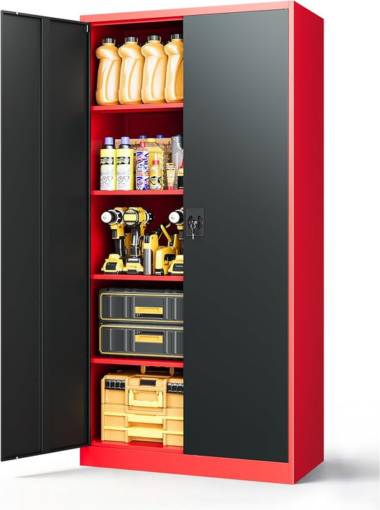 Metal Garage Cabinet,71" Lockable Storage Cabinet with 2 Doors and 5 Adjustable Shelves,Tall Steel Cabinets for Garage,Home Office,Basement,School,Hospital(Black & Red)