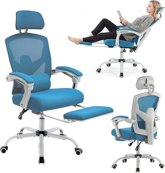 Ergonomic Desk Chair, High Back Office Chair with Wheels and Arms, Computer Chair with Footrest, Swivel Reclining Gaming Chair with Headrest, Comfy Armrest for Home, Office, Work, Study, Elegant Blue