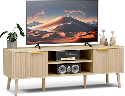 LCRBOL TV Stand with Fluted Doors for TVs up to 65", Modern, Natural | 54.3"W x 15.3"D x 19.6"H, 150 lbs capacity, 2 fluted door cabinets & 2 adjustable shelves, cable holes, 5 tapered legs.
