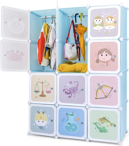 INFANS Children Wardrobe, Kid Closet Portable Baby Dresser Cute for Kids Bedroom Nursery Armoire with Doors 12 Cube 2 Hanging Sections, Kid Clothes Storage Organizer (Pink, 12 Cubes)