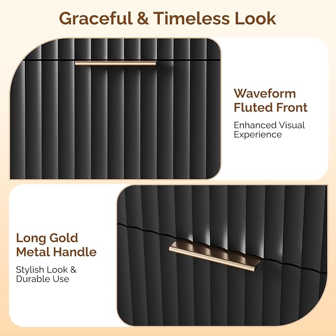 VINGLI Black Dresser 9 Drawer, Fluted Dresser with Rounded Edges, 57" Long Modern Dressers for Bedroom, Black and Gold, 57" W*15.75" D*29.92" H