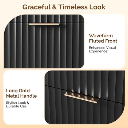 VINGLI Black Dresser 9 Drawer, Fluted Dresser with Rounded Edges, 57" Long Modern Dressers for Bedroom, Black and Gold, 57" W*15.75" D*29.92" H