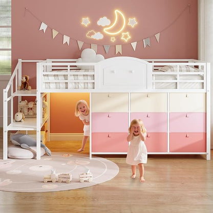 VIAGDO Low Loft Bed Twin Size with 9 Storage Drawers and LED Lights, Metal Twin Loft Bed with Stairway Shelf Storage, Low Loft Bed with Safety Guardrail and Under-Bed Hideaway for Kids, White