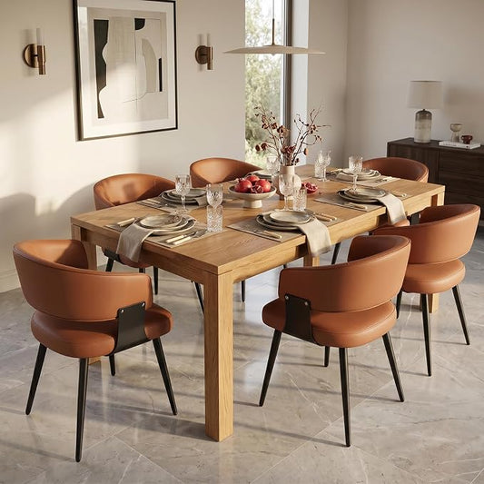 Dining Chairs Set of 6, Modern Upholstered PU Leather Kitchen & Dining Room Chairs with Curved Open Back Metal Legs, Kitchen Chairs for Dining Room Restaurant (Brown, Set of 6)