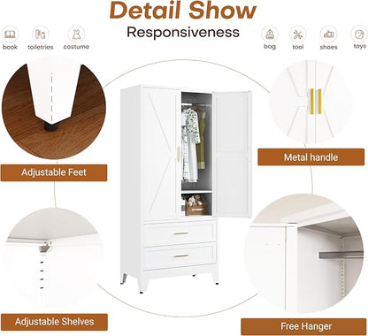 Metal Armoire Wardrobe Closet with Drawers, 71" Wardrobe Cabinet with Adjustable Shelves and Hanging Rod for Bedroom, White Metal Closet Storage Cabinet with 2 Doors & 2 Drawers