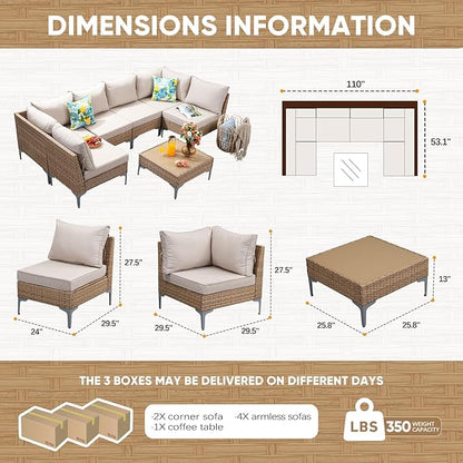 JOYURE 7 Piece Wicker Patio Furniture Set,Outdoor Conversation Sectional Sofa w/Coffee Table,All-Weather Outdoor Sofa with Thick and Anti-Slip Cushions for Deck,Poolside,Garden,Beige