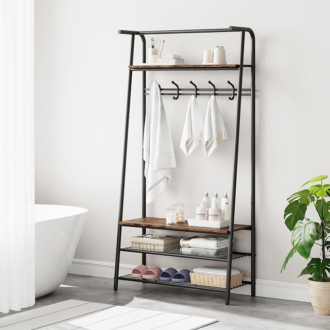 Jojoka Coat Rack Hall Tree with Shoe Storage Bench, 4-in-1 Entryway Organizer with 10 Hooks & 3-Tier Shoe Rack, Sturdy Metal Frame Freestanding Storage Unit for Hallway (Brown-Single Row, 31.5in)