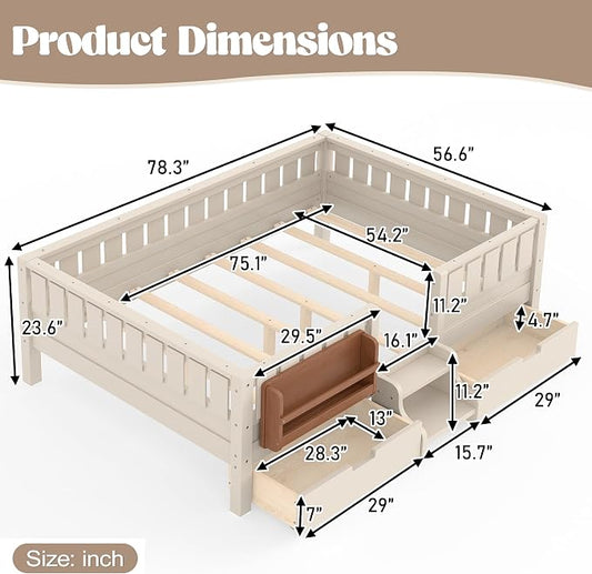 Bellemave Full Floor Bed with Stairs, Rails and Slats, Full Size Montessori Floor Bed with Bookshelf and 2 Storage Drawers, Easy Assemble Montessori Beds Frame for Girls, Boys, Light Beige