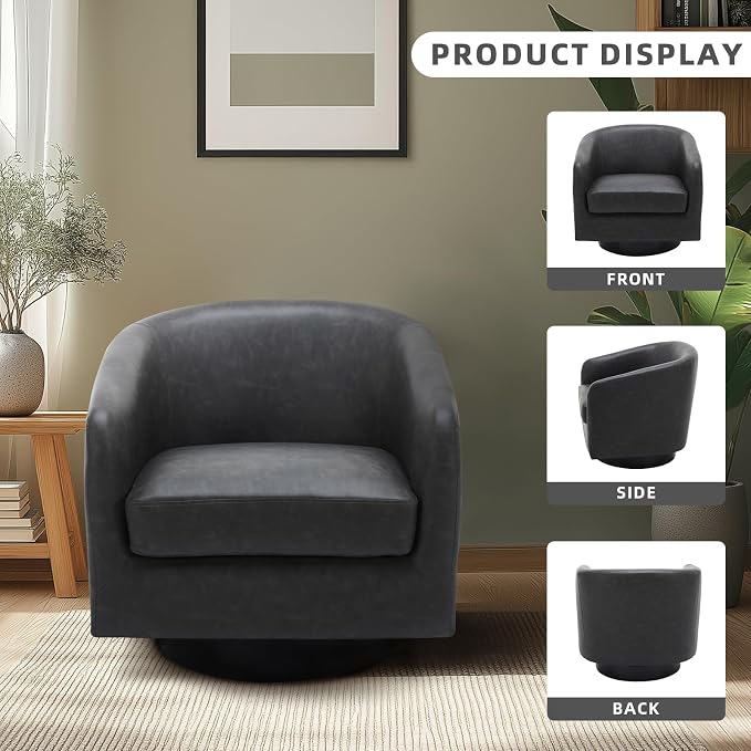 Swivel Accent Chair, Faux Leather Barrel Club Arm Chair Upholstered Round Armchair for Lving Room, Modern Small Bedroom Reading Seat - Black