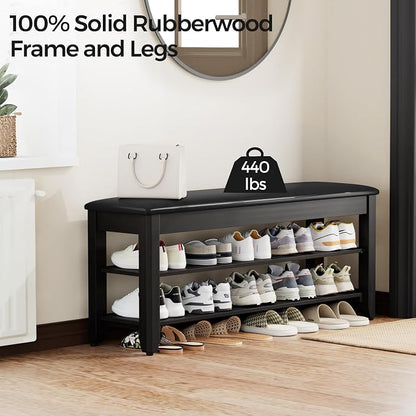 Homleke 2-Tier Solid Wood Shoe Rack Bench with Flip-Top Storage | Entryway Bench with Cushion, Adjustable Shelf, Holds Up to 10 Pairs, for Hallway, Bedroom and Closet, Black, 39.4 Inch
