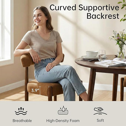 VKNOW Wooden Dining Chairs Set of 2, Modern Upholstered Dining Room Chairs with Walnut Wood Legs and Curved Backrest, Fabric Kitchen Chairs for Farmhouse/Living Room/Dining Room, Orange